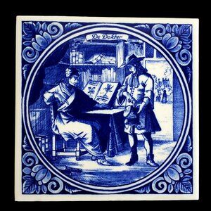Vintage W German Tile Decorative Ceramic Delft "De Dokter" 6x6 Blue & White